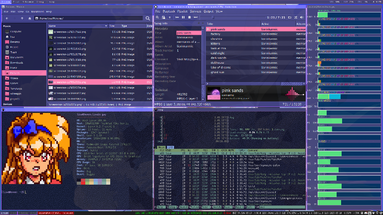 A screenshot of an Arch
                        Linux system running i3wm with a lavender/purplish
                        theme.