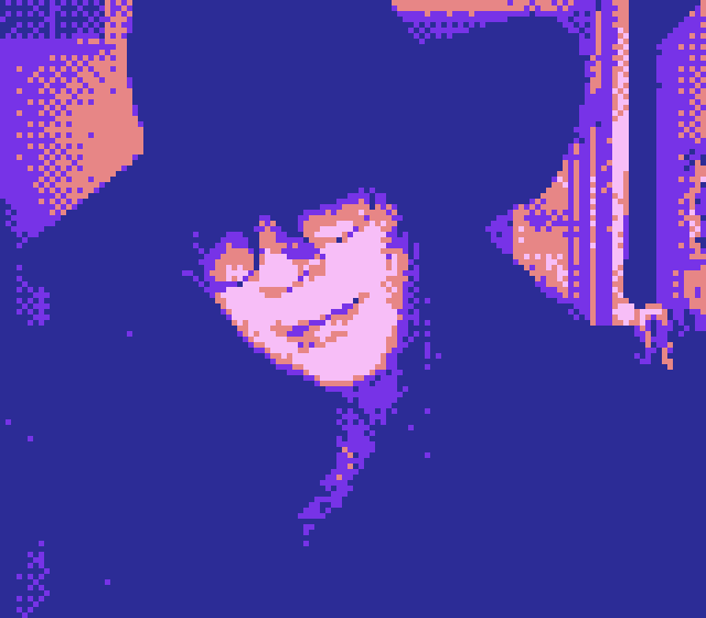 An image of a certain witch, as captured by a GameBoy Camera.
